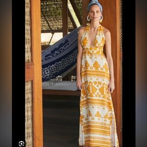 Johanna Ortiz Linen Maxi Dress in Mustard Yellow & Cream Geometric Print